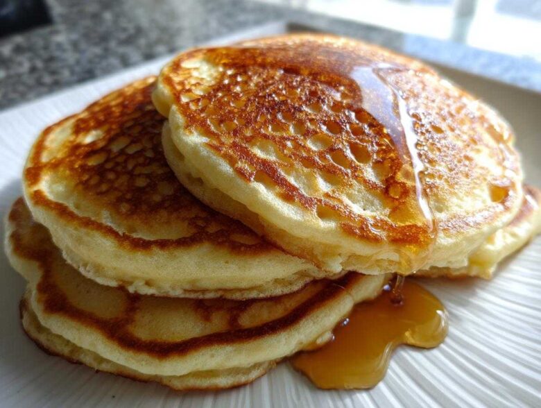Close-up of a stack of three fluffy Buttermilk Pancakes drizzled generously with golden syrup.