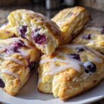 Close-up of several freshly baked, triangular Blueberry Scones drizzled with white glaze, showing a fluffy interior.