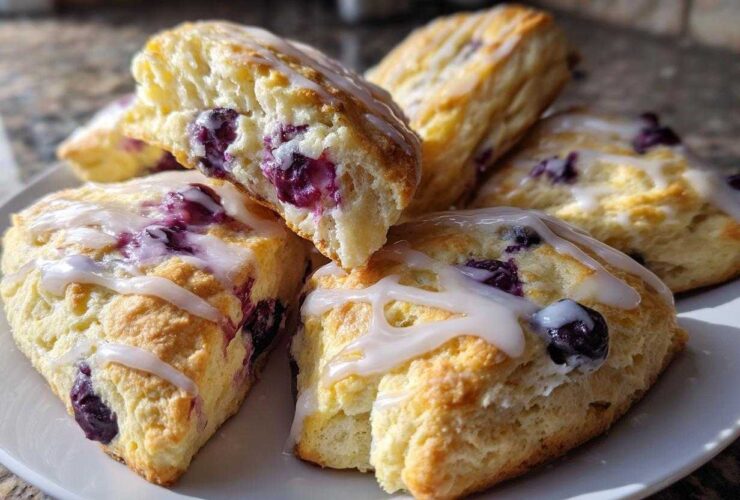 Close-up of several freshly baked, triangular Blueberry Scones drizzled with white glaze, showing a fluffy interior.