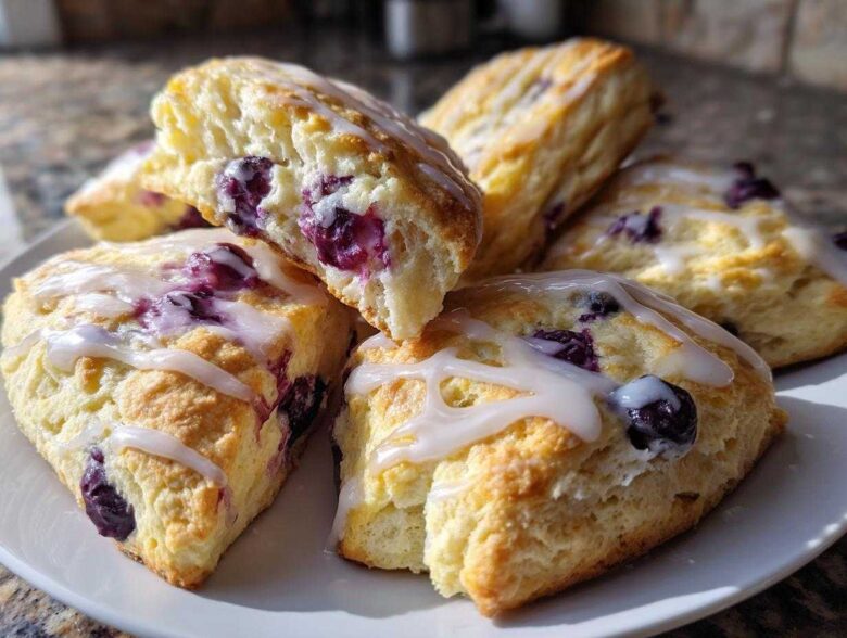 Close-up of several freshly baked, triangular Blueberry Scones drizzled with white glaze, showing a fluffy interior.