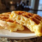 Close-up of two halves of a golden brown waffle showing the incredibly light and airy interior texture, demonstrating how fluffy waffles are made.