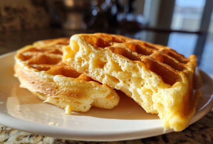 Close-up of two halves of a golden brown waffle showing the incredibly light and airy interior texture, demonstrating how fluffy waffles are made.