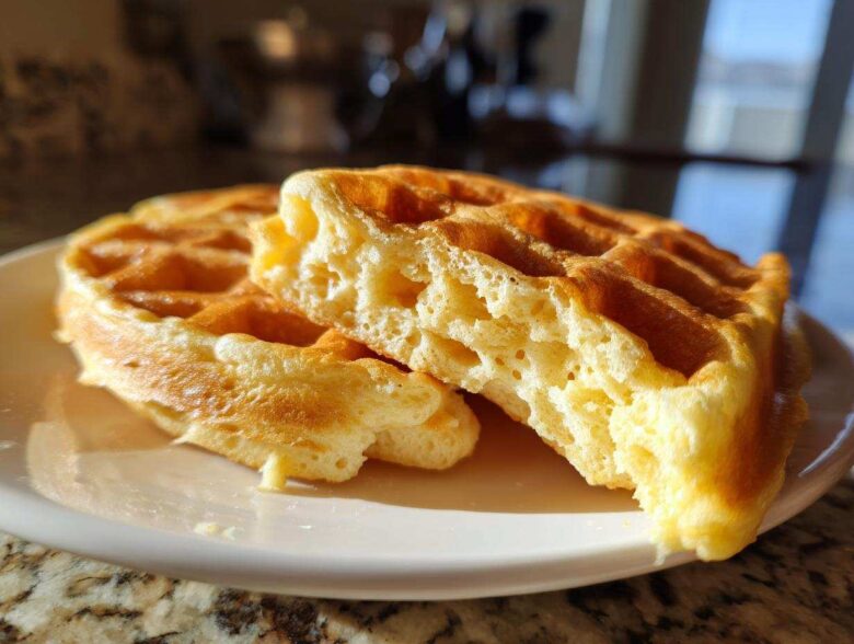 Close-up of two halves of a golden brown waffle showing the incredibly light and airy interior texture, demonstrating how fluffy waffles are made.