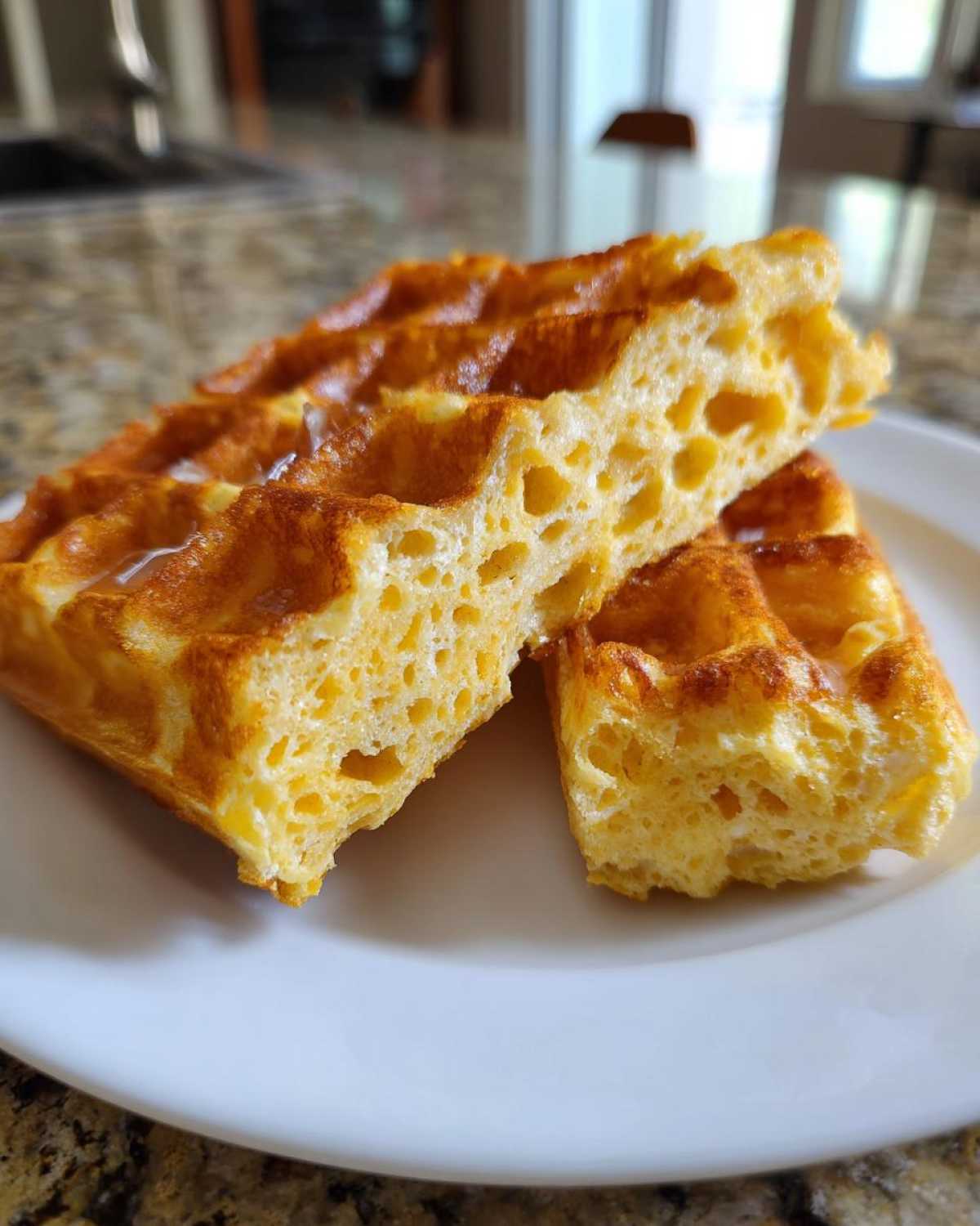 Close-up of two pieces of golden Fluffy Waffles cut in half, showing the airy, porous interior texture.