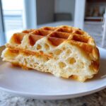 Close-up of a cross-section showing the incredibly airy and fluffy waffles interior texture.
