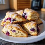 A stack of freshly baked Blueberry Scones drizzled with white glaze, showing vibrant purple blueberries inside.