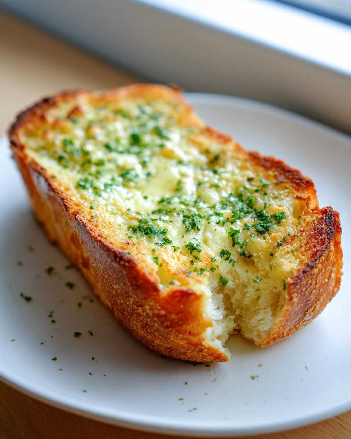 Close-up of a thick slice of golden brown Garlic Bread with Garlic Powder, topped with melted butter and fresh parsley.
