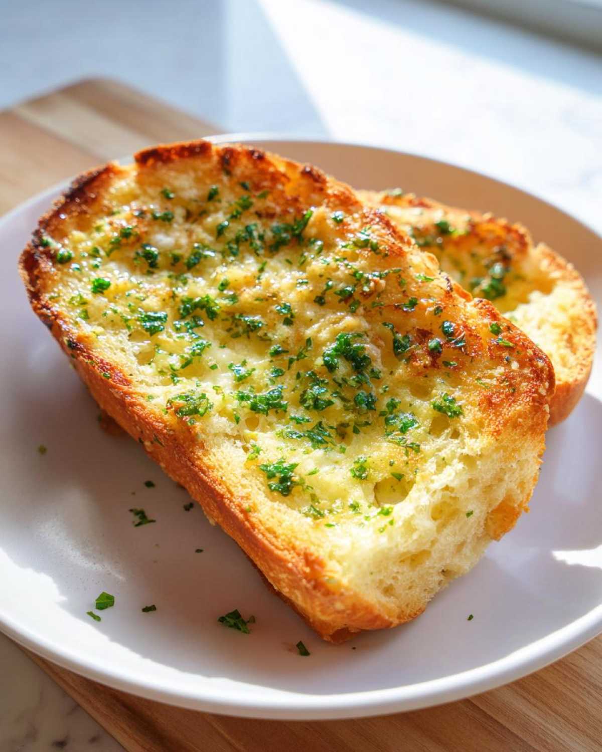 Two slices of golden brown Garlic Bread with Garlic Powder, topped with melted butter and fresh green parsley.