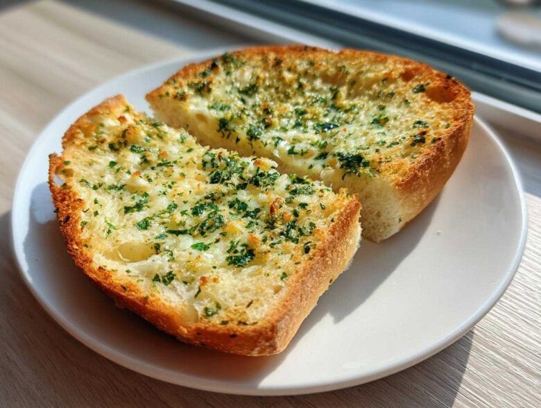 Two slices of golden brown Garlic Bread with Garlic Powder, topped with melted butter and fresh parsley, served on a white plate.