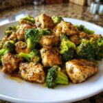 Close-up of bite-sized pieces of Garlic Butter Chicken and Broccoli florets coated in a savory sauce.