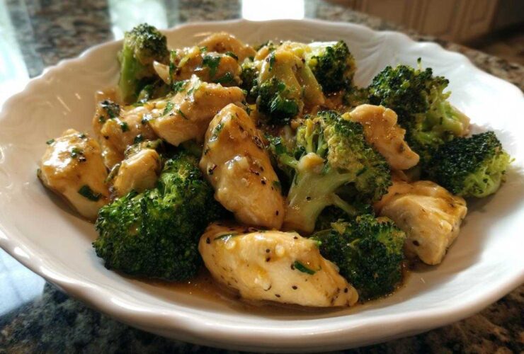 Close-up of tender chicken pieces and bright green broccoli florets coated in a glossy Garlic Butter Chicken and Broccoli sauce.