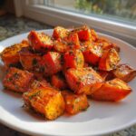 Close-up of glistening Garlic Parmesan Roasted Sweet Potatoes cubes seasoned with herbs on a white plate.