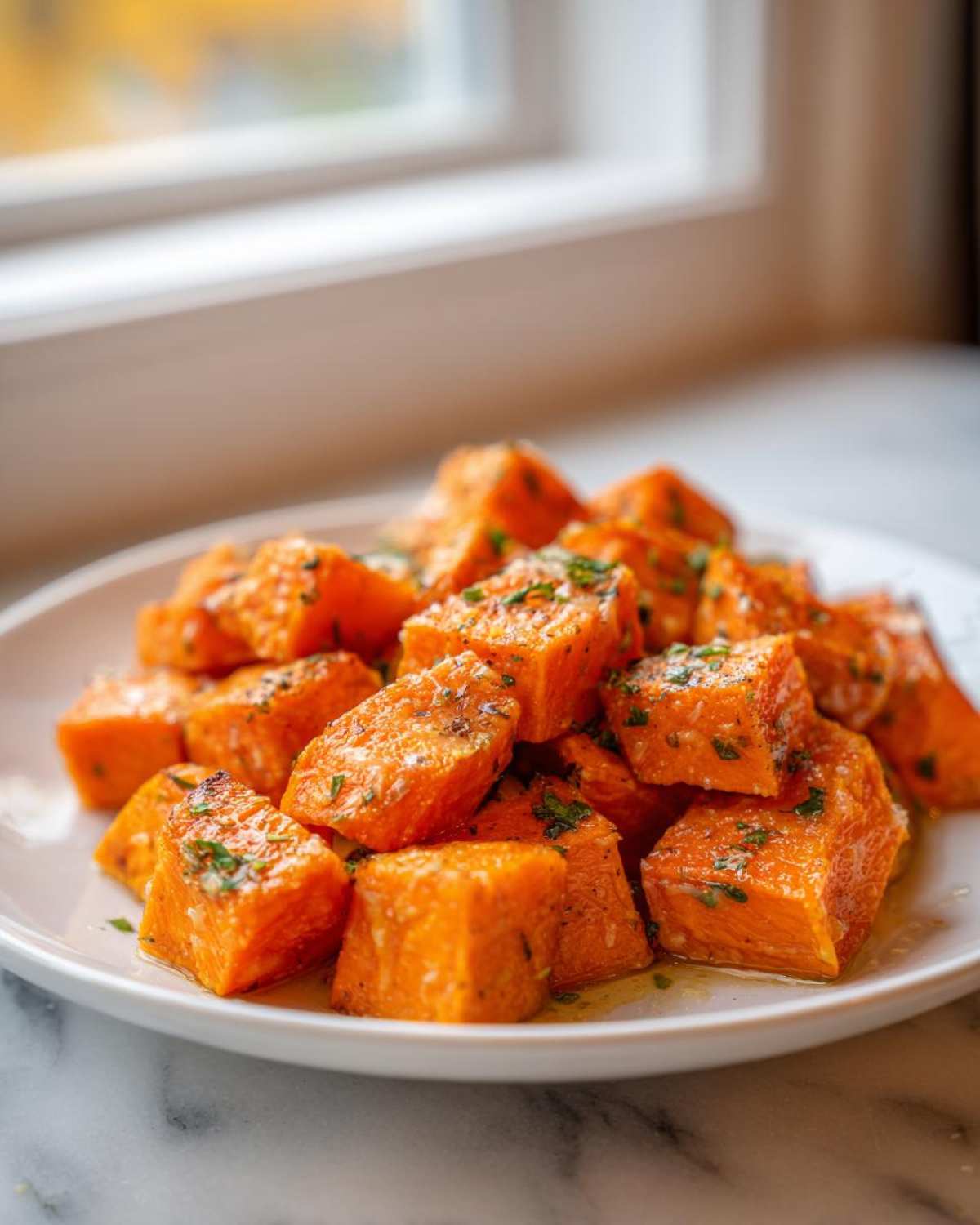 Close-up of bright orange Garlic Parmesan Roasted Sweet Potatoes cubes seasoned with herbs on a white plate.