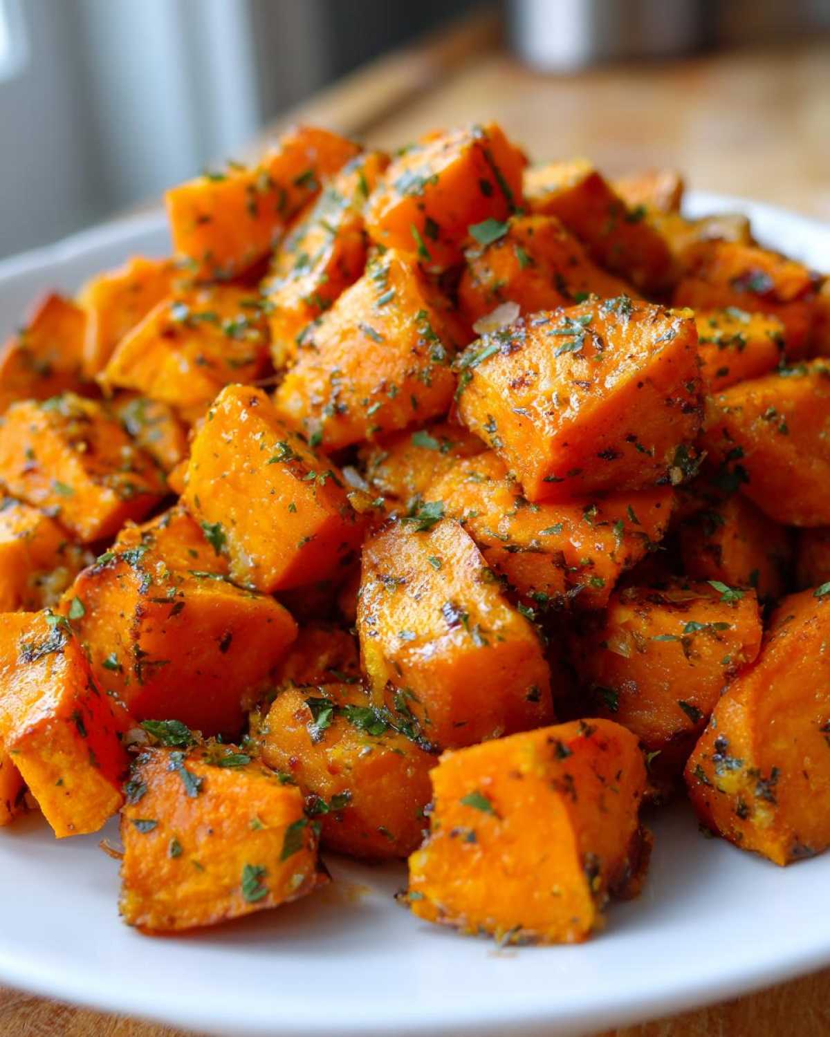 Close-up of vibrant orange Garlic Parmesan Roasted Sweet Potatoes tossed with herbs on a white plate.