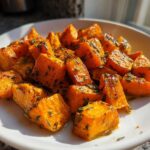 Close-up of vibrant orange Garlic Parmesan Roasted Sweet Potatoes, glistening and topped with green herbs, served on a white plate.