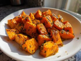 Close-up of vibrant orange Garlic Parmesan Roasted Sweet Potatoes, glistening and topped with green herbs, served on a white plate.