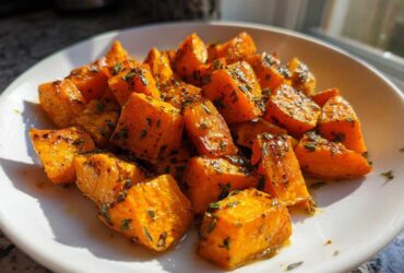 Close-up of vibrant orange Garlic Parmesan Roasted Sweet Potatoes, glistening and topped with green herbs, served on a white plate.