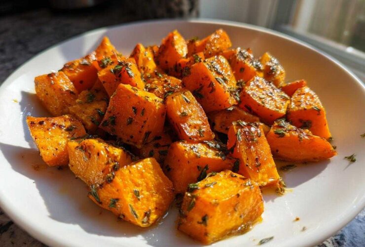 Close-up of vibrant orange Garlic Parmesan Roasted Sweet Potatoes, glistening and topped with green herbs, served on a white plate.