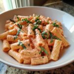 Close-up of rigatoni pasta coated in a rich tomato cream sauce, garnished with fresh basil, served in a white bowl.