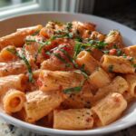 Close-up of rigatoni pasta coated in a rich tomato cream sauce, garnished with fresh basil, perfect for Garlicky Pasta with Tomato Cream Sauce.
