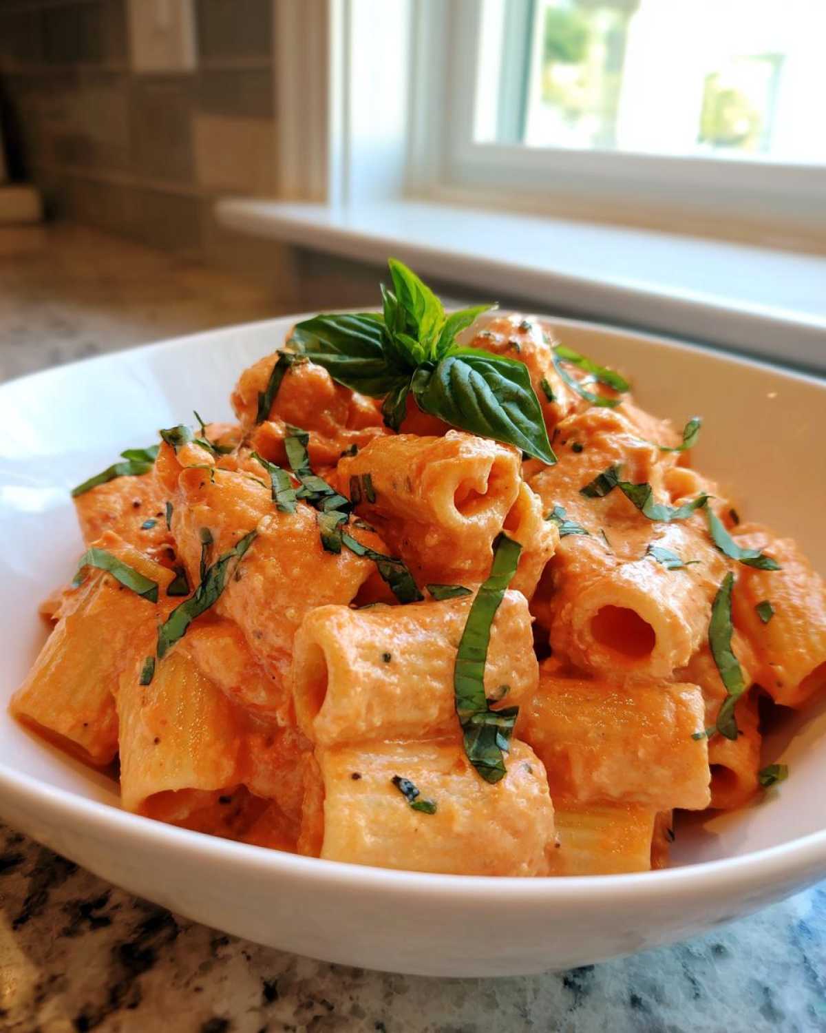 Close-up of rigatoni pasta coated in a rich tomato cream sauce, garnished with fresh basil, part of the Garlicky Pasta recipe.
