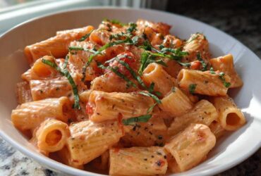 Close-up of rigatoni pasta coated in a rich tomato cream sauce, garnished with fresh basil, perfect for Garlicky Pasta with Tomato Cream Sauce.