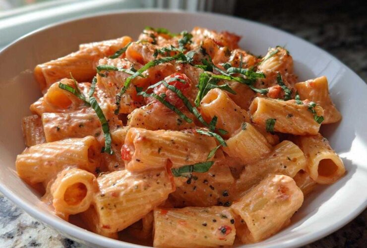 Close-up of rigatoni pasta coated in a rich tomato cream sauce, garnished with fresh basil, perfect for Garlicky Pasta with Tomato Cream Sauce.