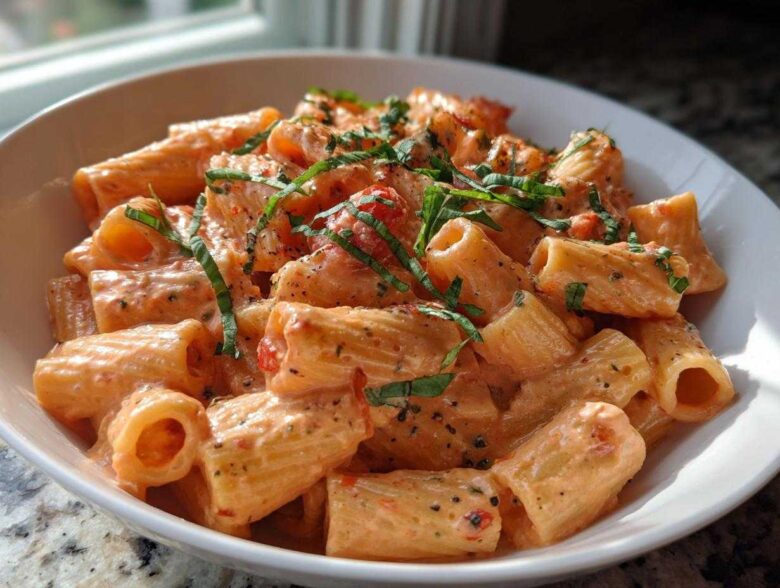 Close-up of rigatoni pasta coated in a rich tomato cream sauce, garnished with fresh basil, perfect for Garlicky Pasta with Tomato Cream Sauce.