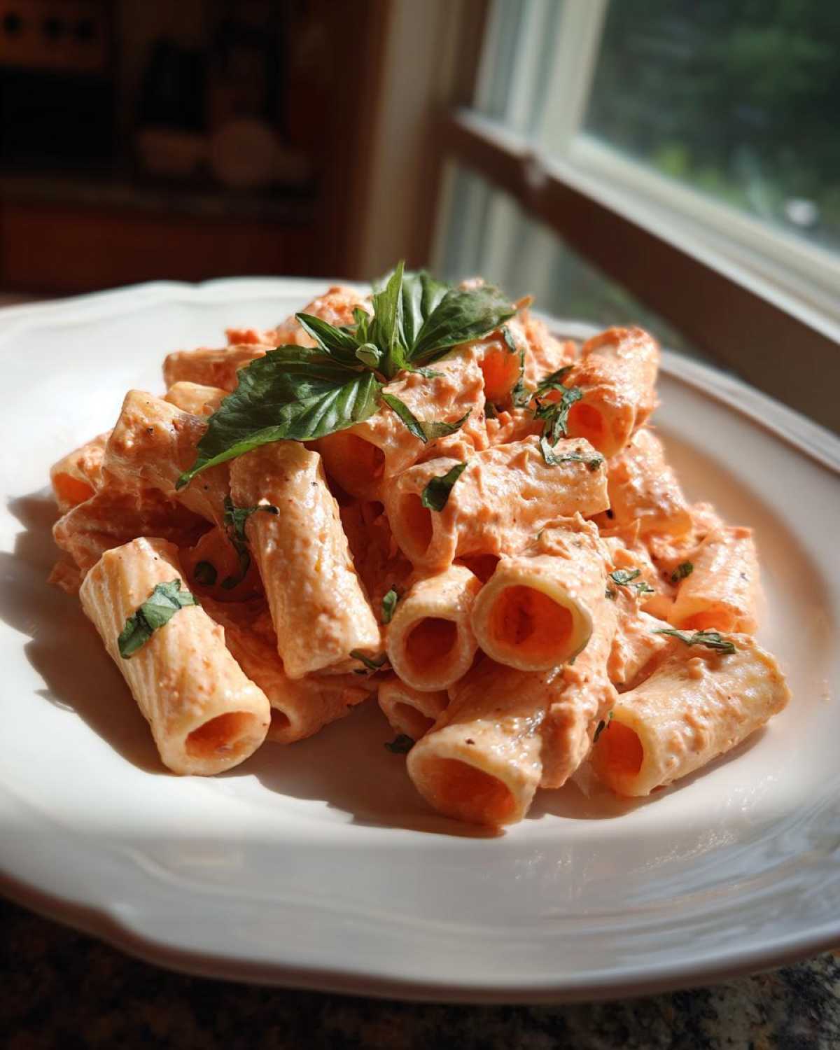 Close-up of rigatoni pasta coated in Garlicky Pasta with Tomato Cream Sauce, garnished with fresh basil.