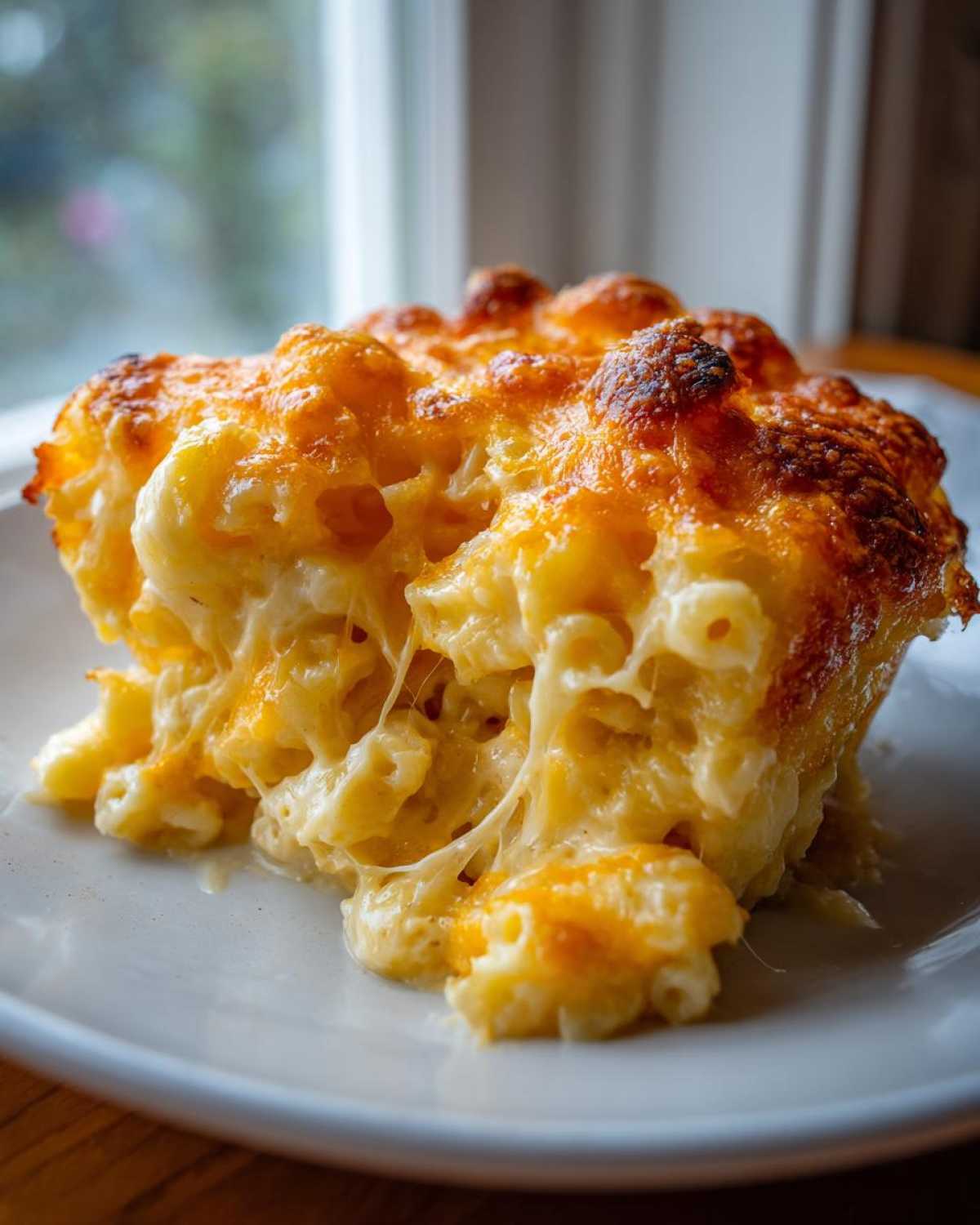 Close-up of a gooey, cheesy serving of Dump and Bake Mac and Cheese with a browned, bubbly top.