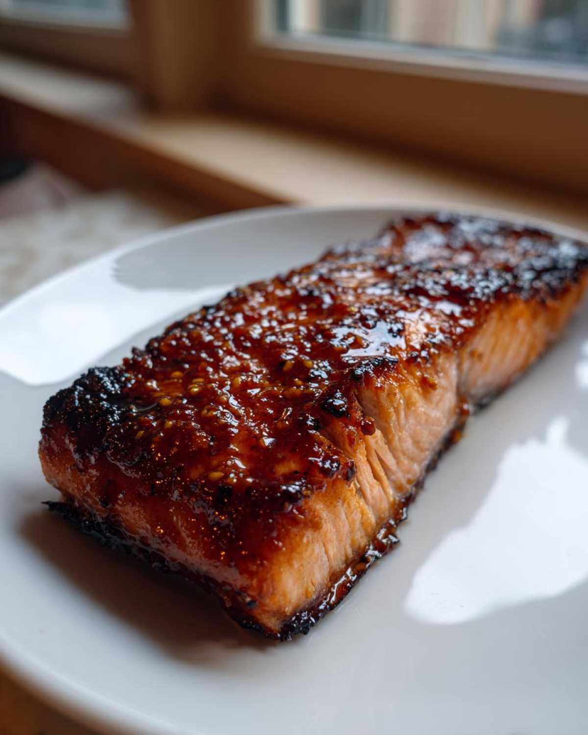 A perfectly cooked fillet of Grilled Honey Mustard Salmon with a dark, shiny glaze resting on a white plate.