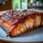 Close-up of a perfectly cooked piece of Grilled Honey Mustard Salmon with a thick, caramelized glaze.