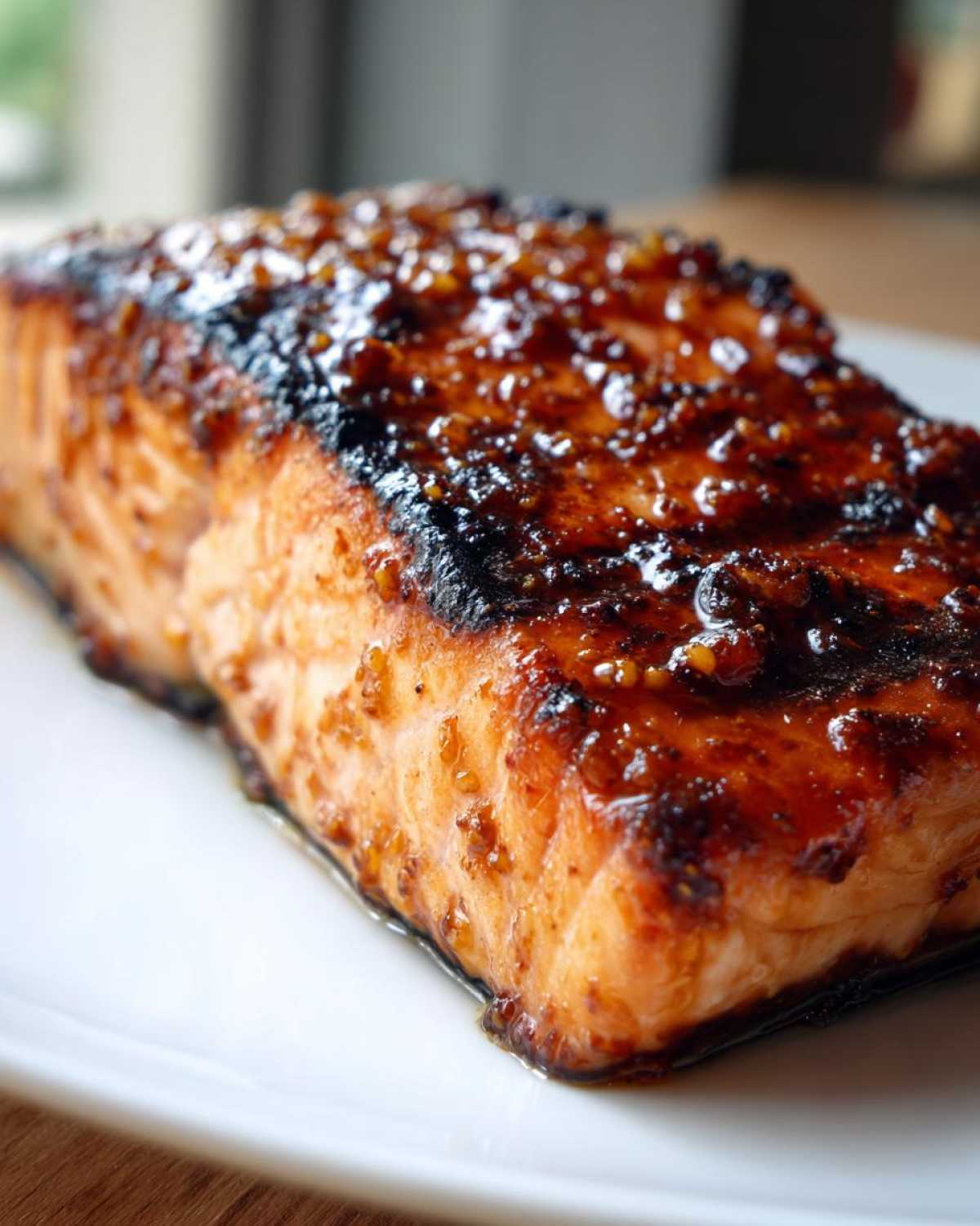Close-up of a perfectly cooked fillet of Grilled Honey Mustard Salmon with a dark, caramelized glaze.