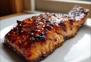 A close-up of a perfectly cooked fillet of Grilled Honey Mustard Salmon with a thick, shiny, caramelized glaze.