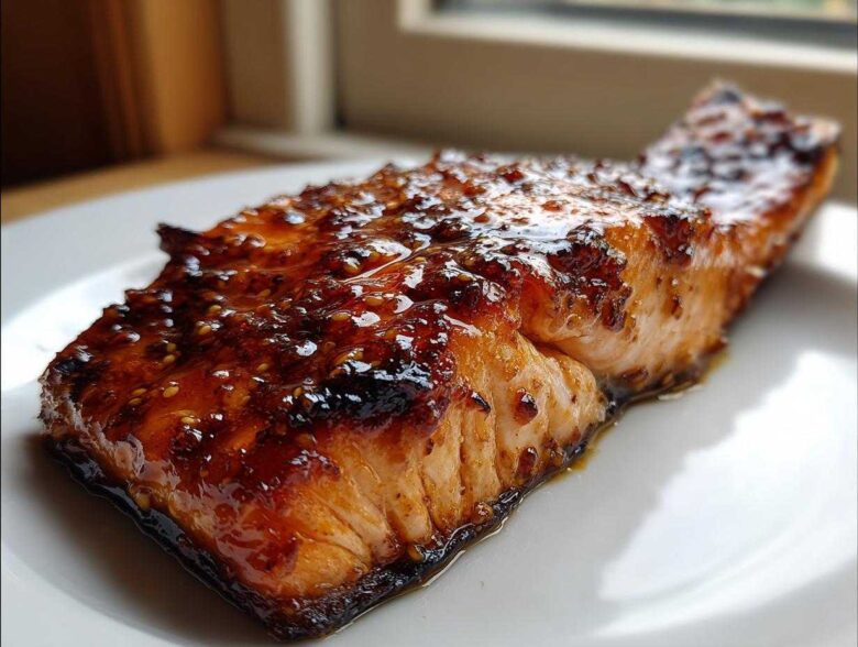A close-up of a perfectly cooked fillet of Grilled Honey Mustard Salmon with a thick, shiny, caramelized glaze.