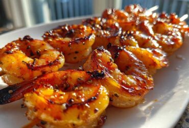 Close-up of perfectly grilled Honey Garlic Grilled Shrimp skewers with a glossy, caramelized glaze and sesame seeds.
