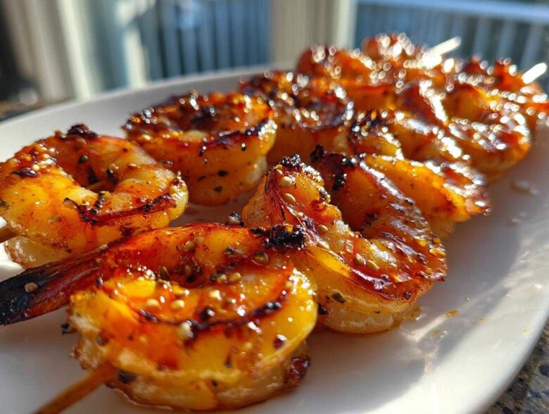 Close-up of perfectly grilled Honey Garlic Grilled Shrimp skewers with a glossy, caramelized glaze and sesame seeds.