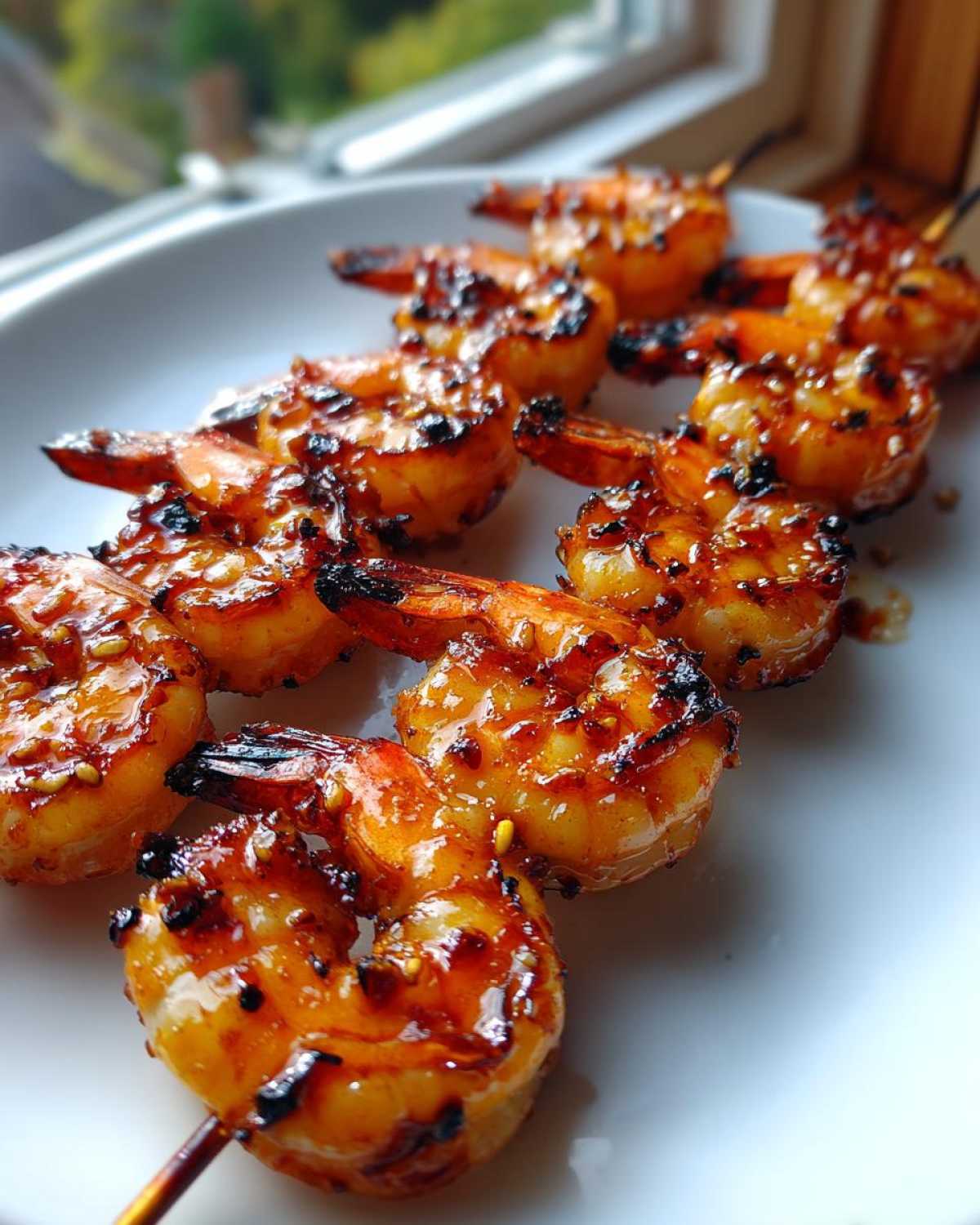 Close-up of perfectly grilled Honey Garlic Grilled Shrimp skewers glistening with a sweet glaze on a white plate.