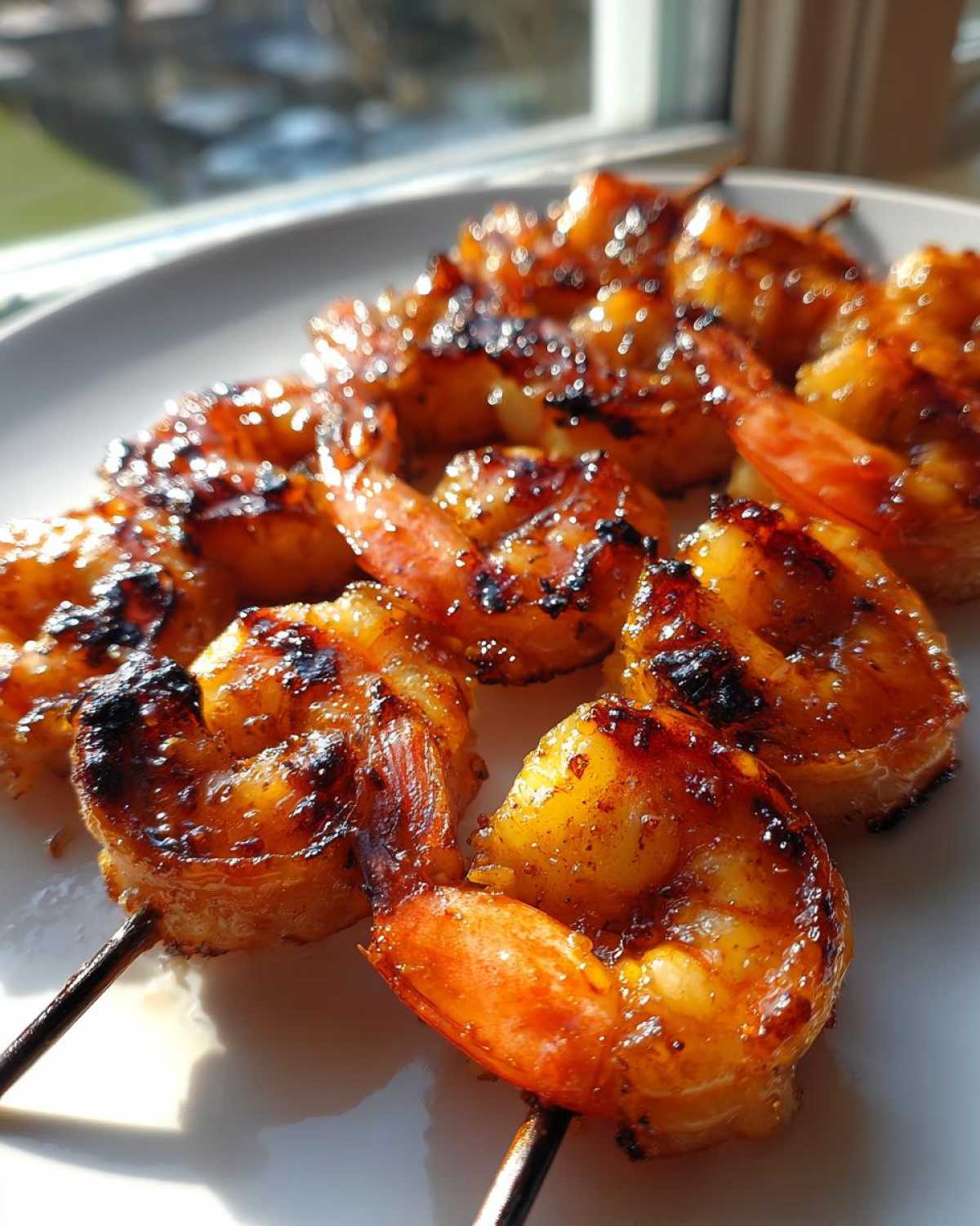 Close-up of perfectly grilled Honey Garlic Grilled Shrimp skewers with a caramelized glaze, resting on a white plate.
