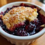 Close-up of a warm, individual serving of Blackberry Cobbler with a golden, sugared topping and bubbling dark berry filling.
