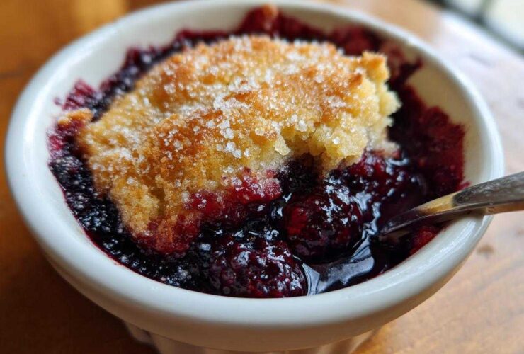 Close-up of a warm, individual serving of Blackberry Cobbler with a golden, sugared topping and bubbling dark berry filling.