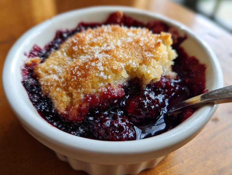Close-up of a warm, individual serving of Blackberry Cobbler with a golden, sugared topping and bubbling dark berry filling.