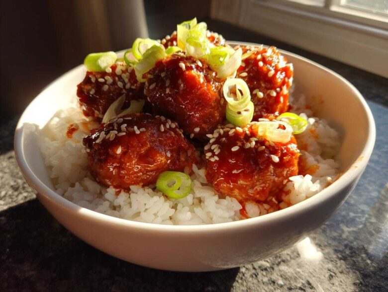 Close-up of glossy, glazed meatballs served over white rice, garnished with sesame seeds and sliced green onions in a white bowl.