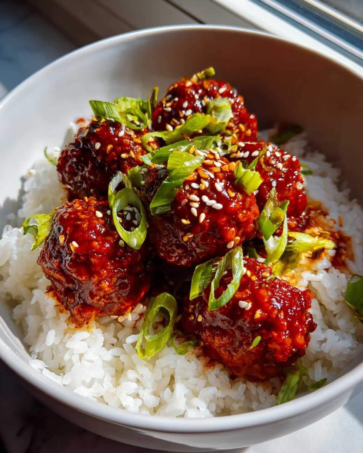 Close-up of glossy, saucy meatballs served over white rice, garnished with sesame seeds and sliced green onions in Meatball Rice Bowls with Korean Flair.