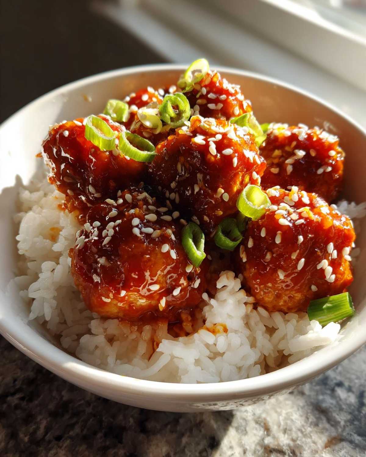 Close-up of glossy, glazed meatballs served over white rice, garnished with sesame seeds and green onions for Meatball Rice Bowls with Korean Flair.