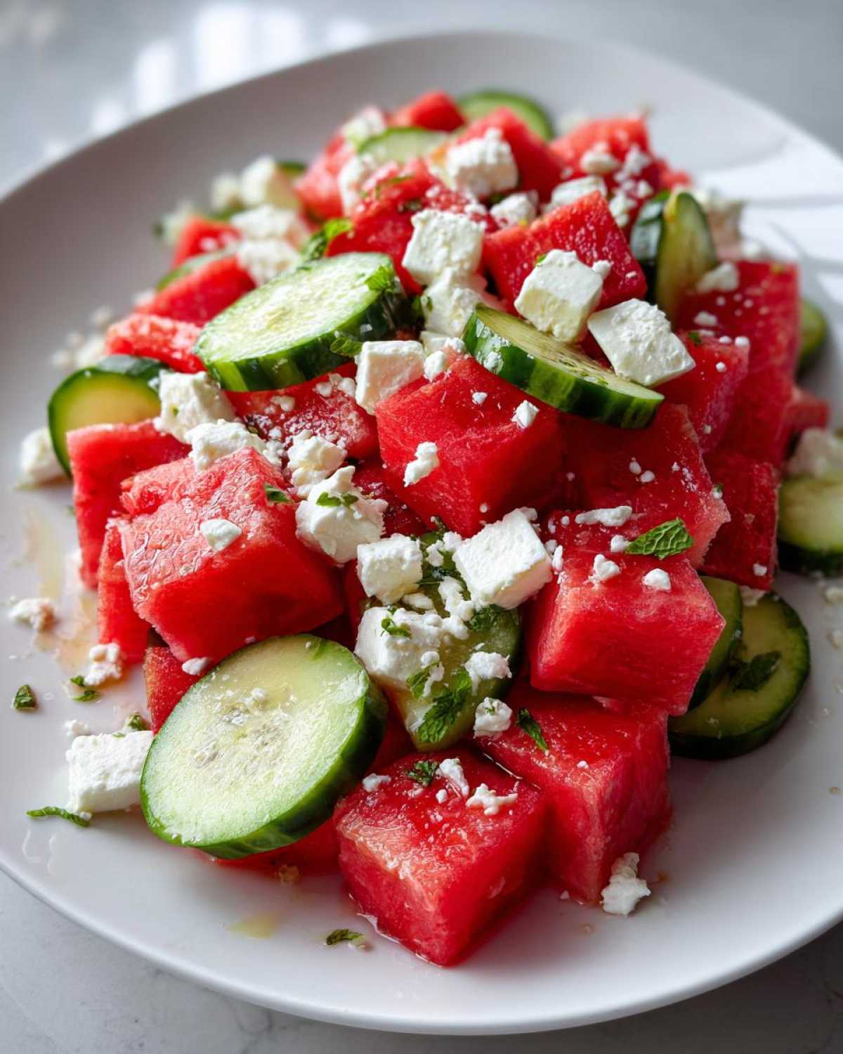 Close-up of vibrant Mediterranean Watermelon Salad with Feta cheese cubes and sliced cucumbers on a white plate.