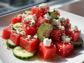 Close-up of bright red watermelon cubes topped with crumbled feta cheese and mint, mixed with cucumber slices in a Mediterranean Watermelon Salad.