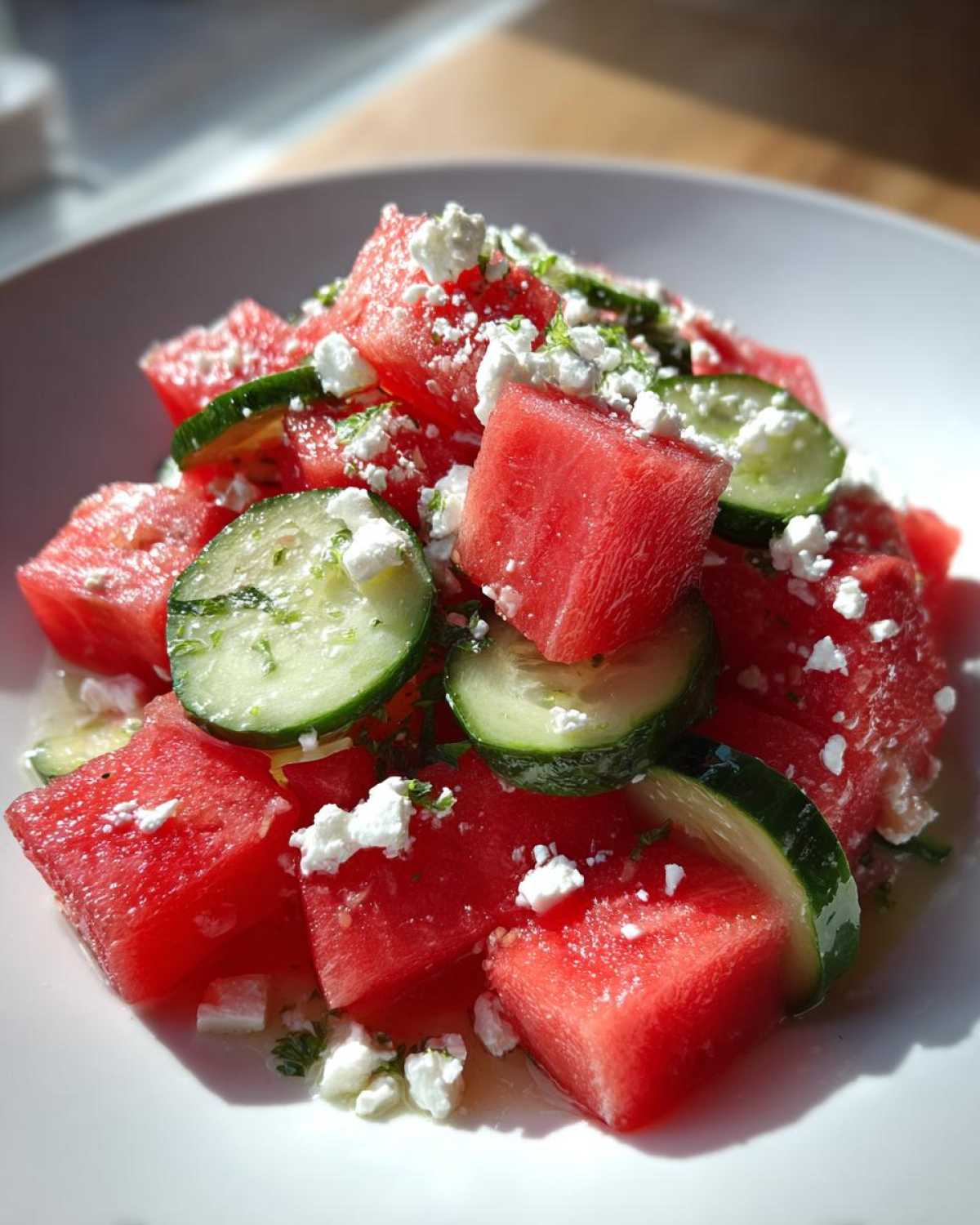 Close-up of bright red watermelon cubes mixed with sliced cucumbers and crumbled feta cheese, showcasing the Mediterranean Watermelon Salad with Feta.