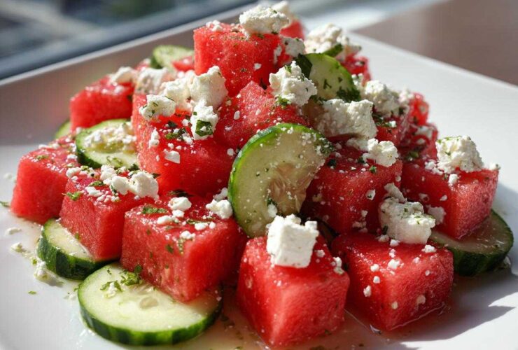 Close-up of bright red watermelon cubes topped with crumbled feta cheese and mint, mixed with cucumber slices in a Mediterranean Watermelon Salad.