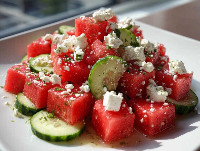Close-up of bright red watermelon cubes topped with crumbled feta cheese and mint, mixed with cucumber slices in a Mediterranean Watermelon Salad.